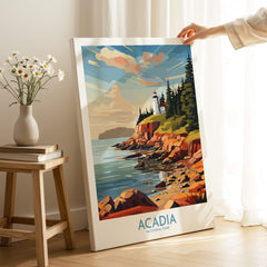 Acadia National Park Art Print depicting a lighthouse and scenic coastline in vibrant colors, perfect for home decor.