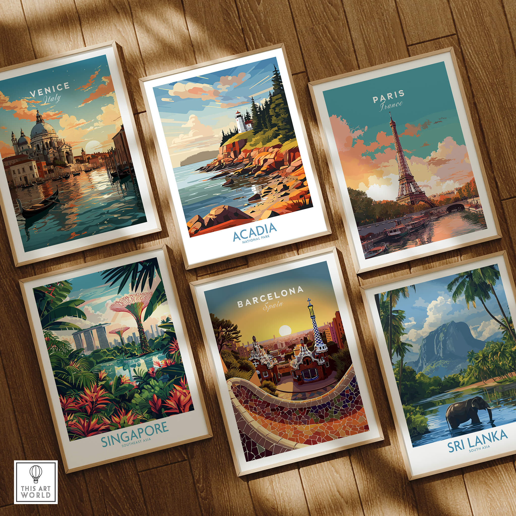 Acadia National Park Art Print among vibrant travel-themed art prints featuring Venice, Paris, Singapore, Barcelona, and Sri Lanka.