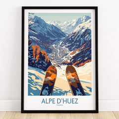Alpe d'Huez Ski Poster showcasing a beautiful view of the French Alps with skiing elements.