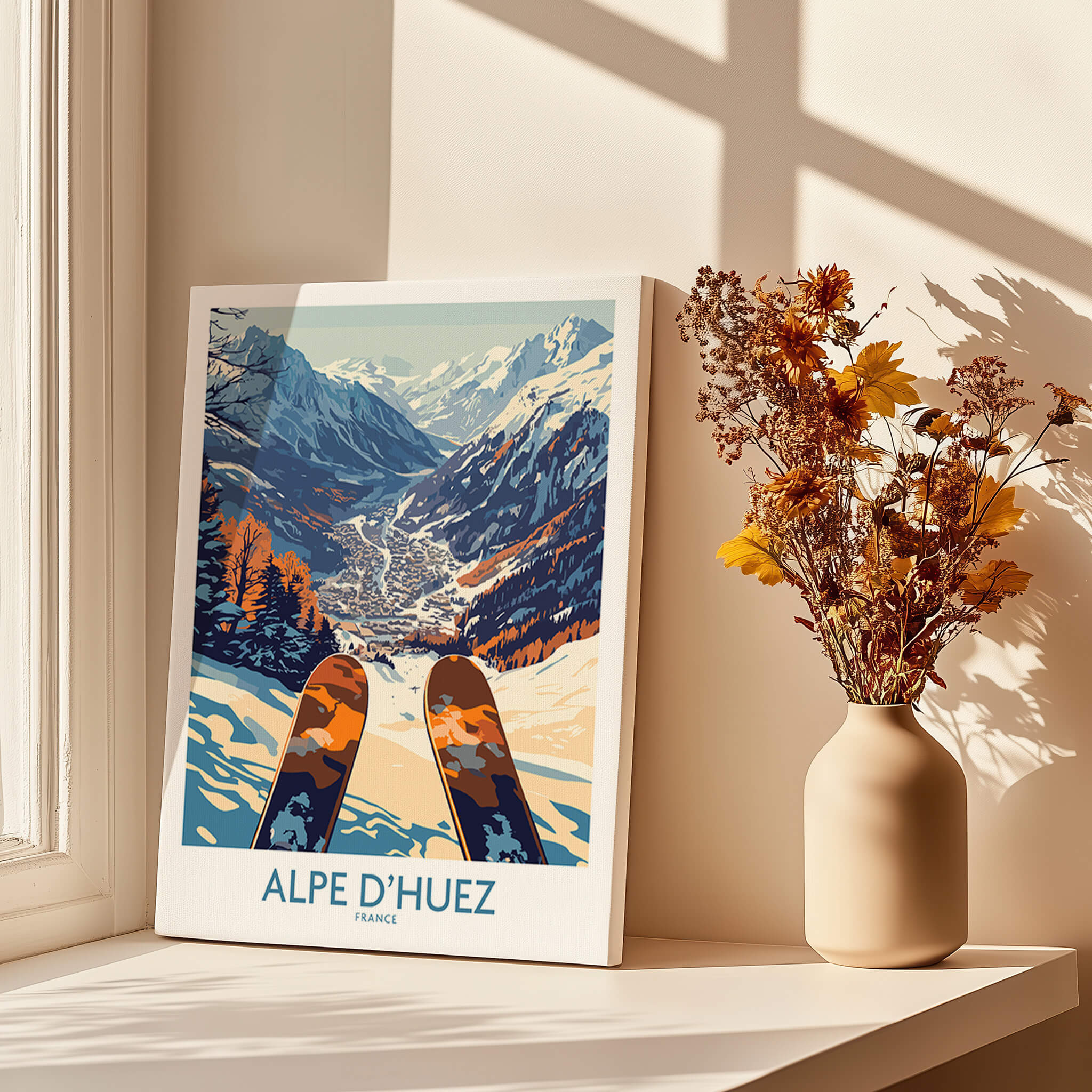 Alpe d'Huez Ski Poster showcasing a stunning view of the French Alps and ski slopes.