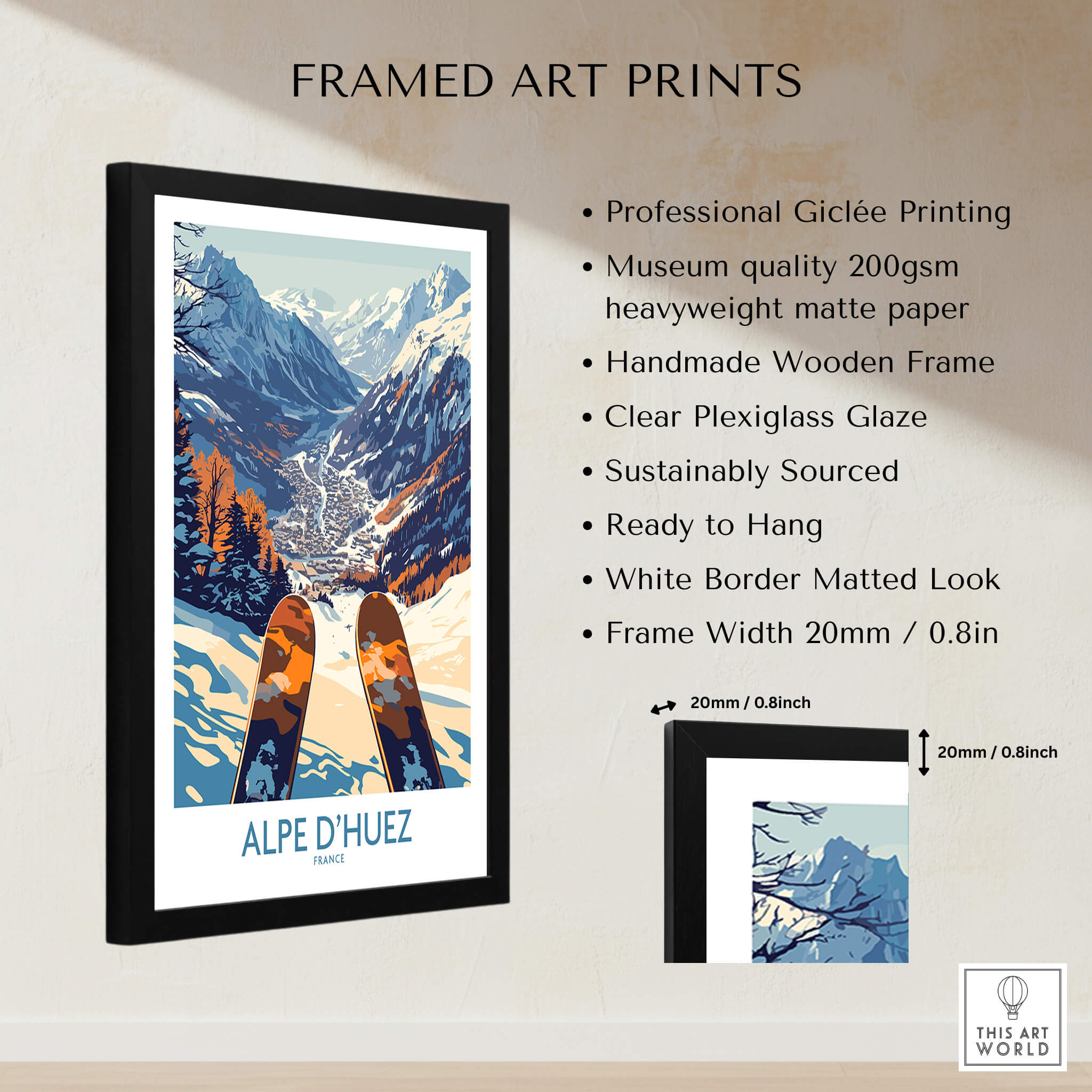 Alpe d'Huez Ski Poster framed art print showcasing breathtaking mountain views and skiing adventure.