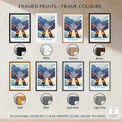 Alpe d'Huez Ski Poster framed in various colors including black, white, natural, brown, gold, silver, dark grey, and light grey.