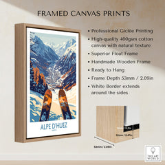 Alpe d'Huez Ski Poster displayed in a framed canvas print with natural texture and stunning alpine scenery.