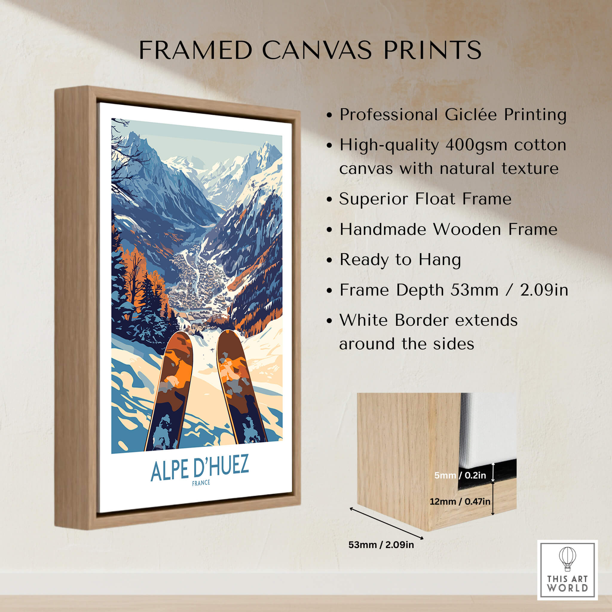 Alpe d'Huez Ski Poster displayed in a framed canvas print with natural texture and stunning alpine scenery.