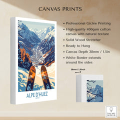 Alpe d'Huez Ski Poster showcasing breathtaking mountain views and ski equipment, ideal for winter sports enthusiasts.