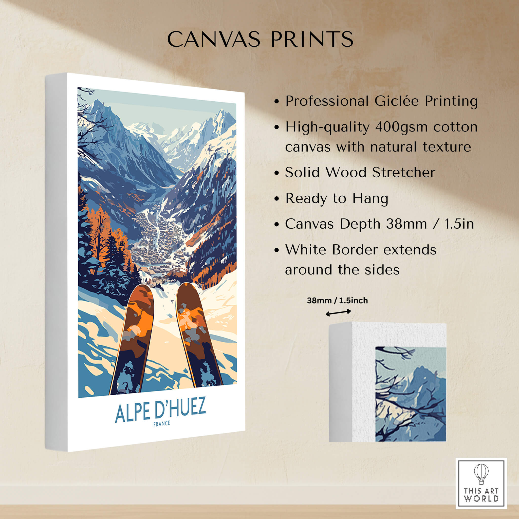 Alpe d'Huez Ski Poster showcasing breathtaking mountain views and ski equipment, ideal for winter sports enthusiasts.