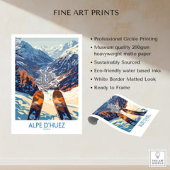 Alpe d'Huez Ski Poster showcasing a stunning view of the French Alps with ski design, perfect for home decor.