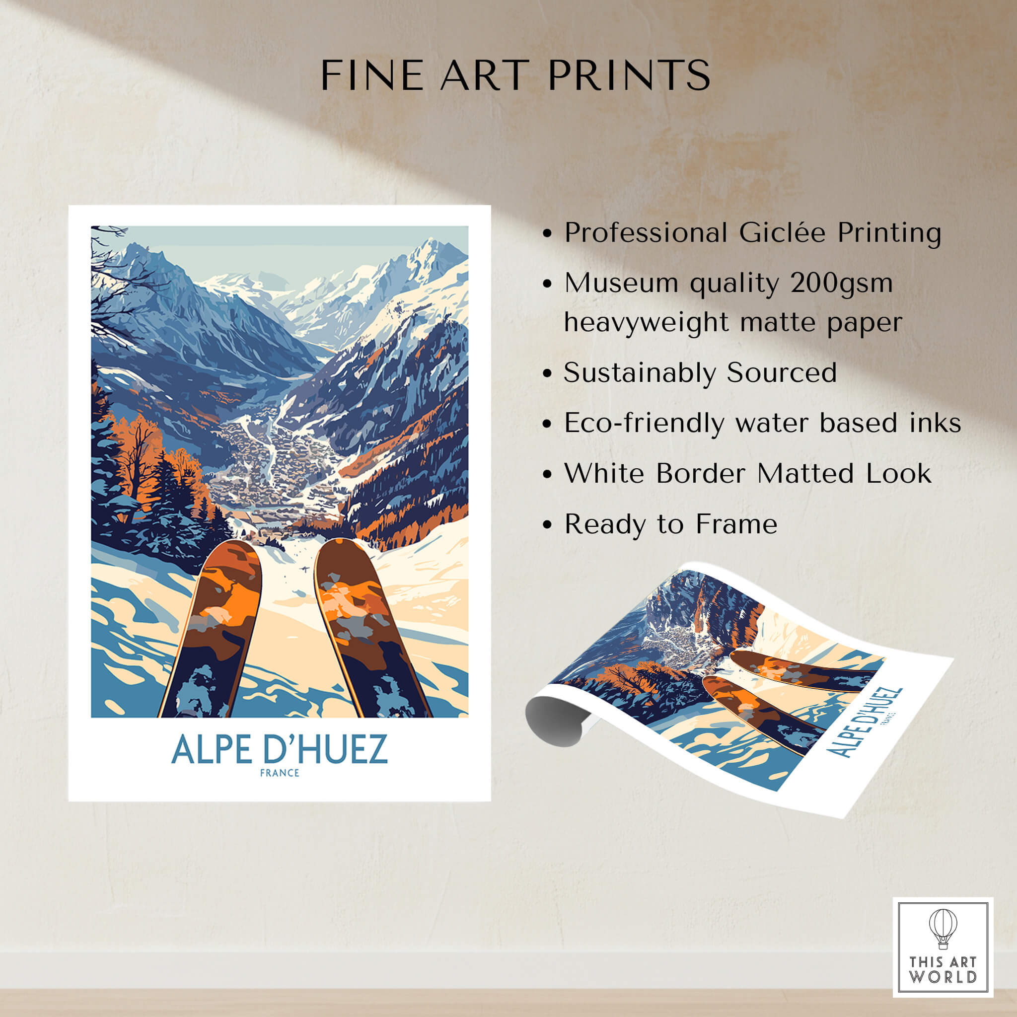 Alpe d'Huez Ski Poster showcasing a stunning view of the French Alps with ski design, perfect for home decor.