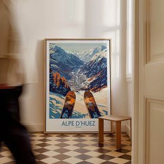 Alpe d'Huez Ski Poster displayed in a stylish interior, showcasing the stunning French Alps and skiing culture.