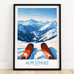 Alpe d'Huez Art Print Winter Sports showcasing a stunning ski view with snow-covered mountains and red skis.