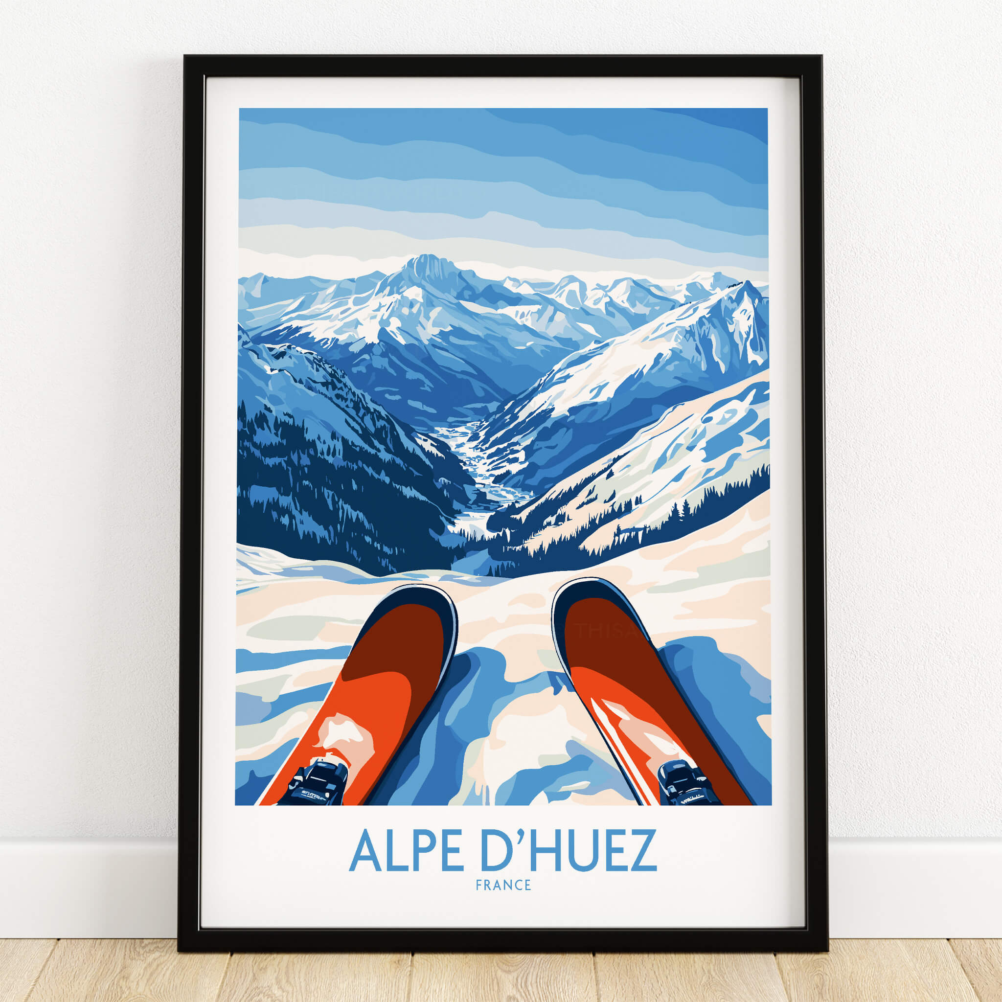 Alpe d'Huez Art Print Winter Sports showcasing a stunning ski view with snow-covered mountains and red skis.