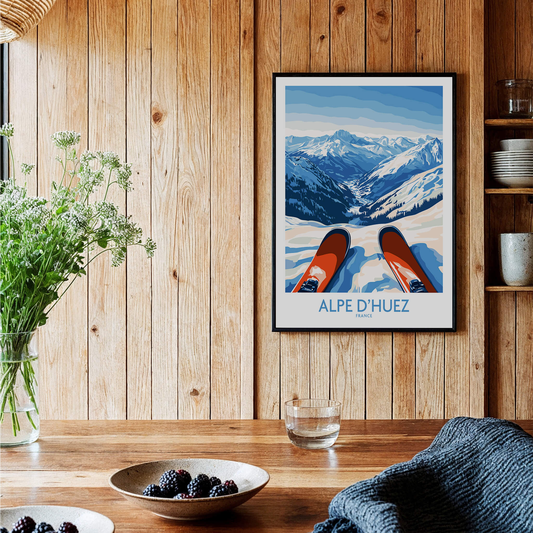 Alpe d'Huez Art Print Winter Sports showcasing stunning mountain views and ski equipment in a cozy setting.