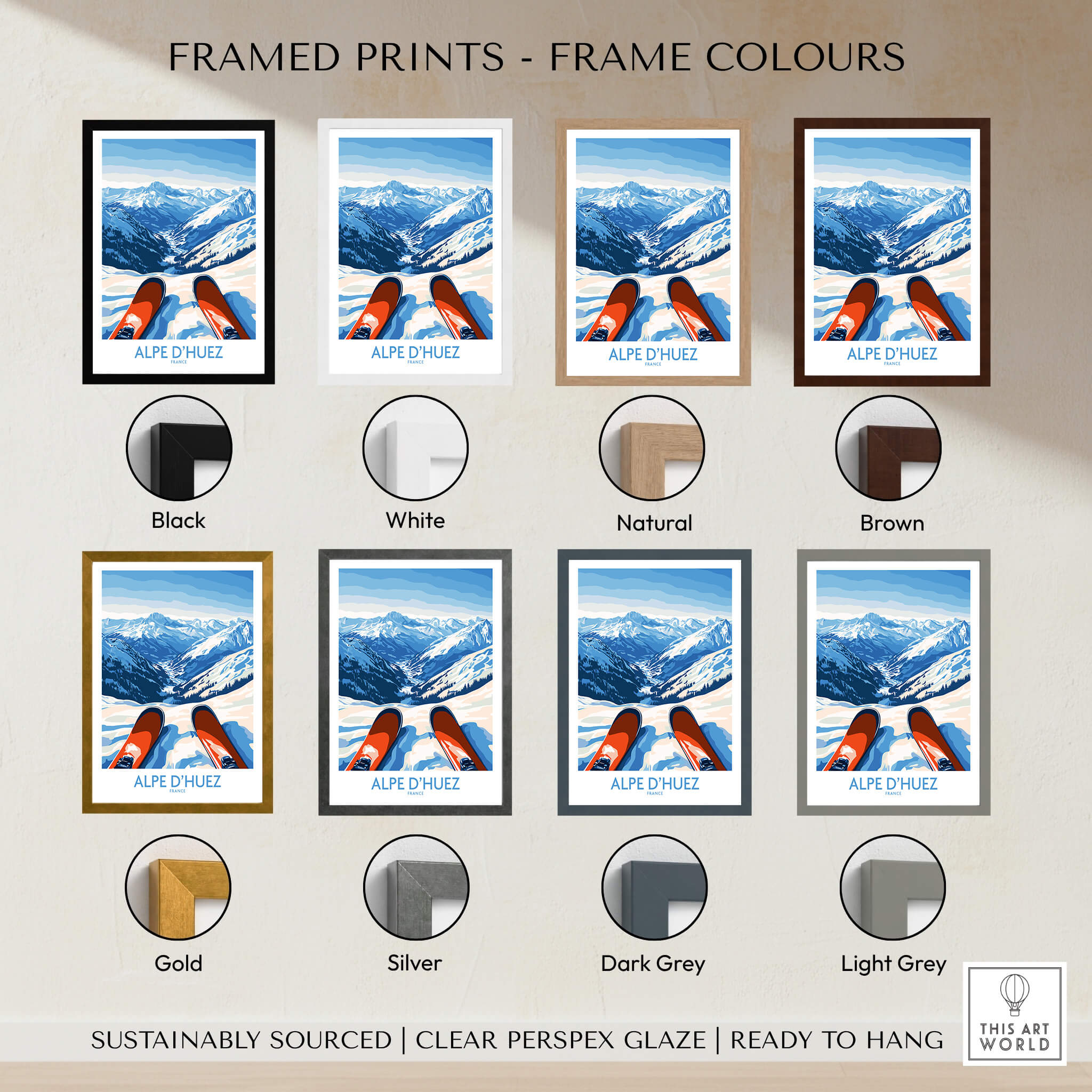 Alpe d'Huez Art Print Winter Sports framed in various colors including black, white, natural, brown, gold, silver, and grey.