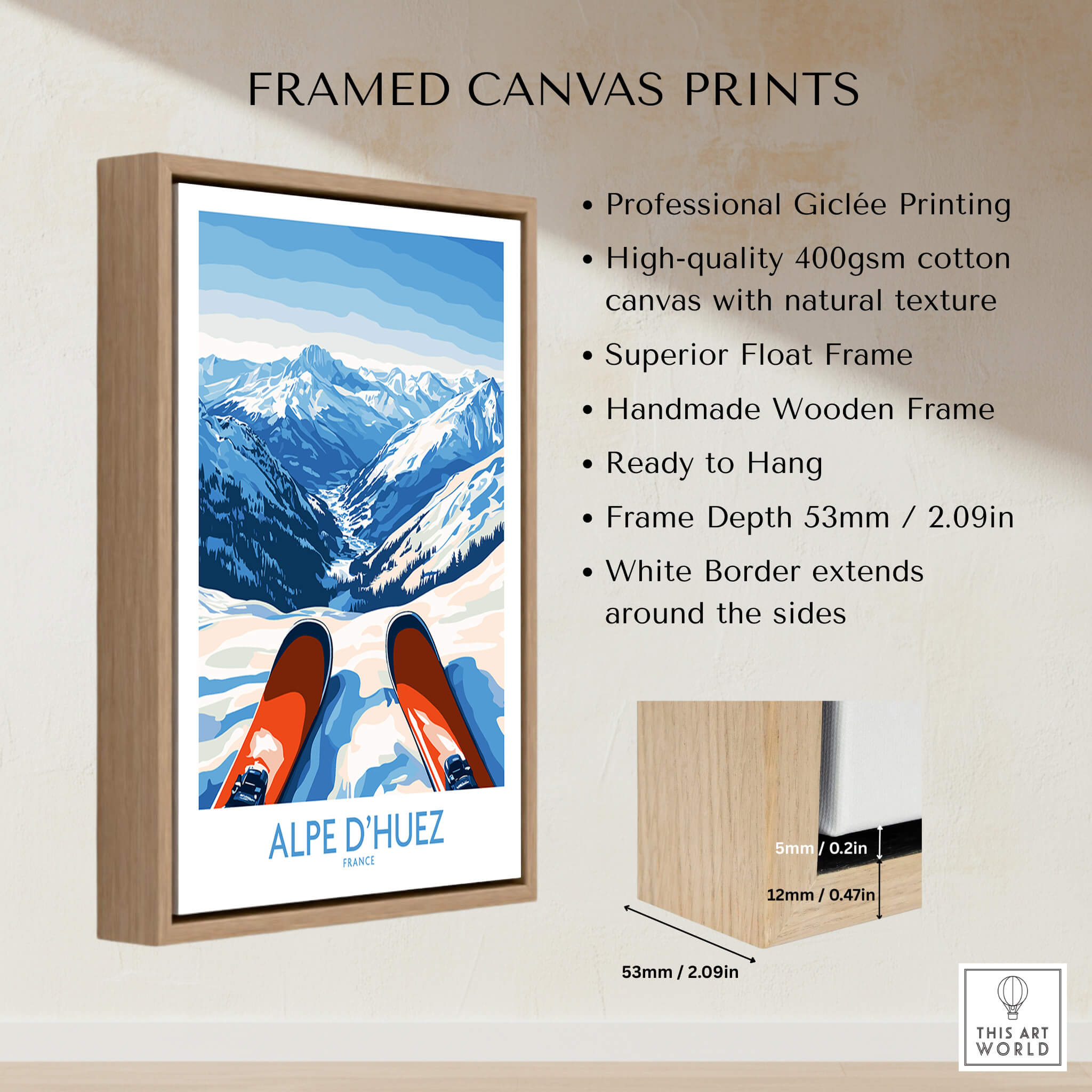 Framed Alpe d'Huez Art Print Winter Sports showcasing vibrant mountains and ski gear, perfect for home decor.