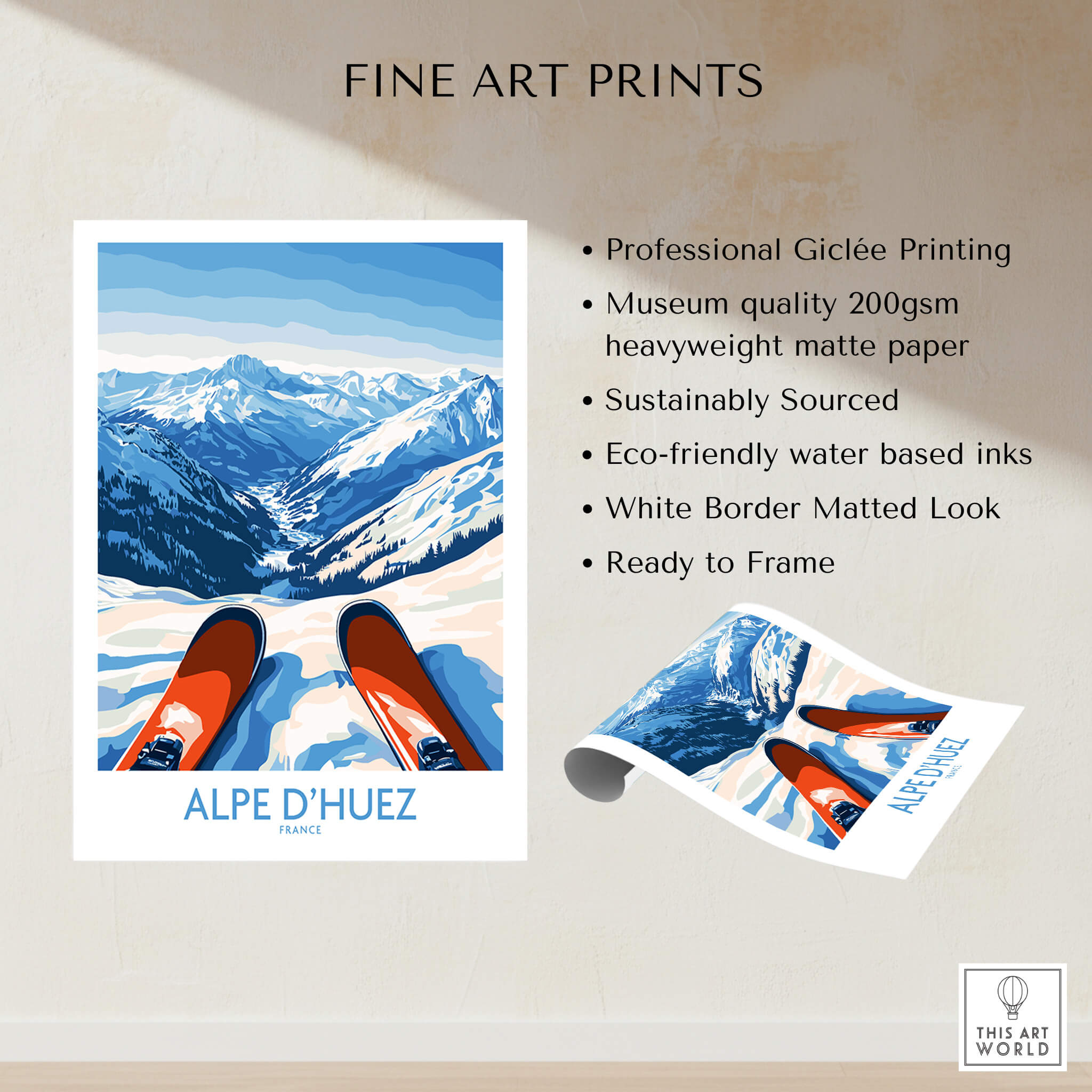 Alpe d'Huez Art Print Winter Sports featuring snowy mountains and ski equipment in a beautiful landscape.