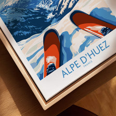 Alpe d'Huez Art Print Winter Sports featuring ski gear and snowy mountain landscape.