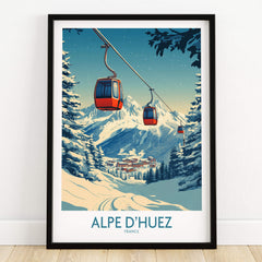 Alpe d'Huez Poster France showcasing stunning mountain vistas and cable cars in a vibrant design.