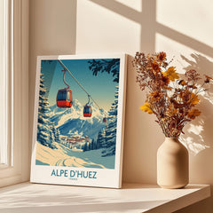 Alpe d'Huez Poster France showcasing a ski gondola in snowy mountainous scenery.