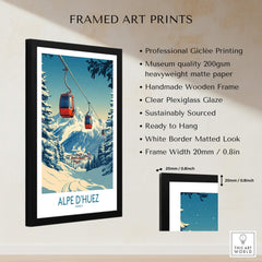 Alpe d'Huez Poster France framed art print featuring a scenic winter landscape and gondola.