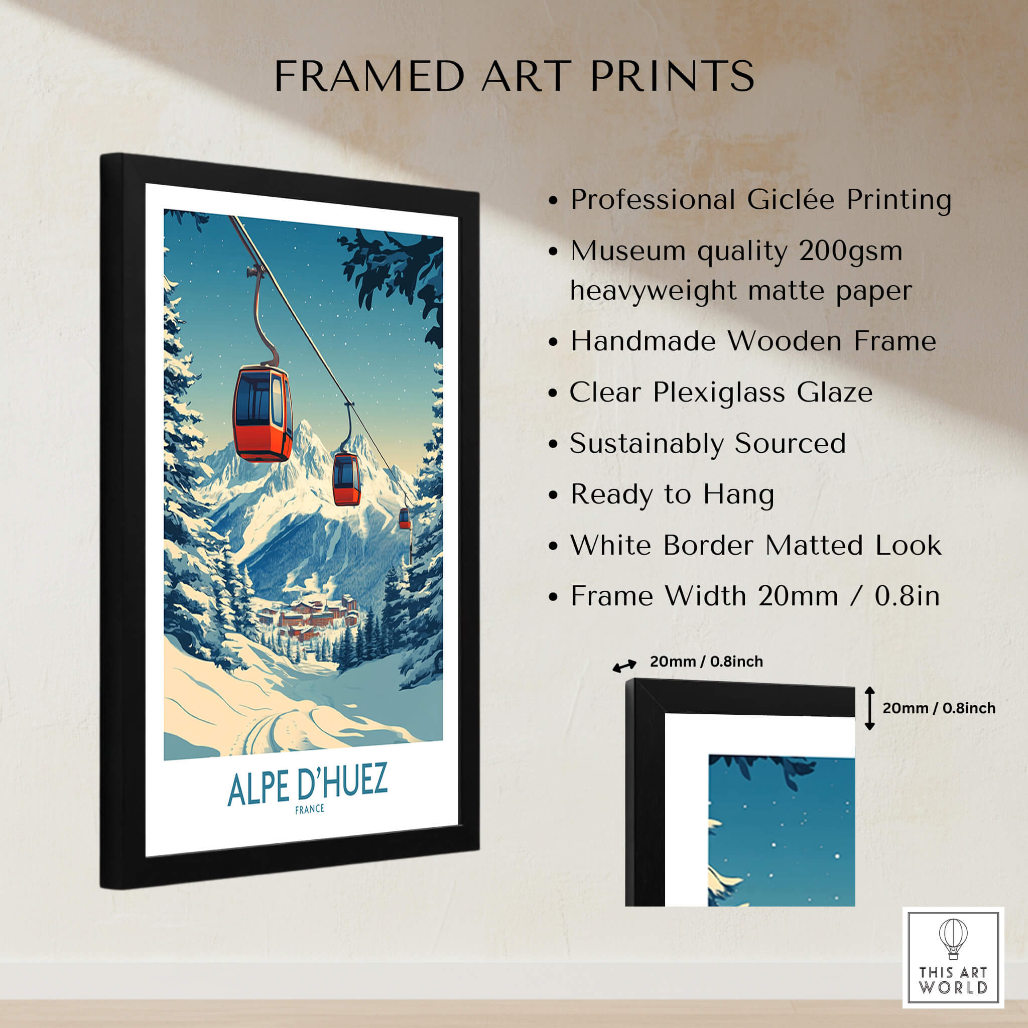 Alpe d'Huez Poster France framed art print featuring a scenic winter landscape and gondola.