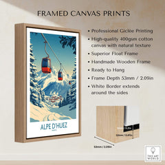Framed Alpe d'Huez Poster France in wooden frame showcasing scenic mountain views and ski lifts.