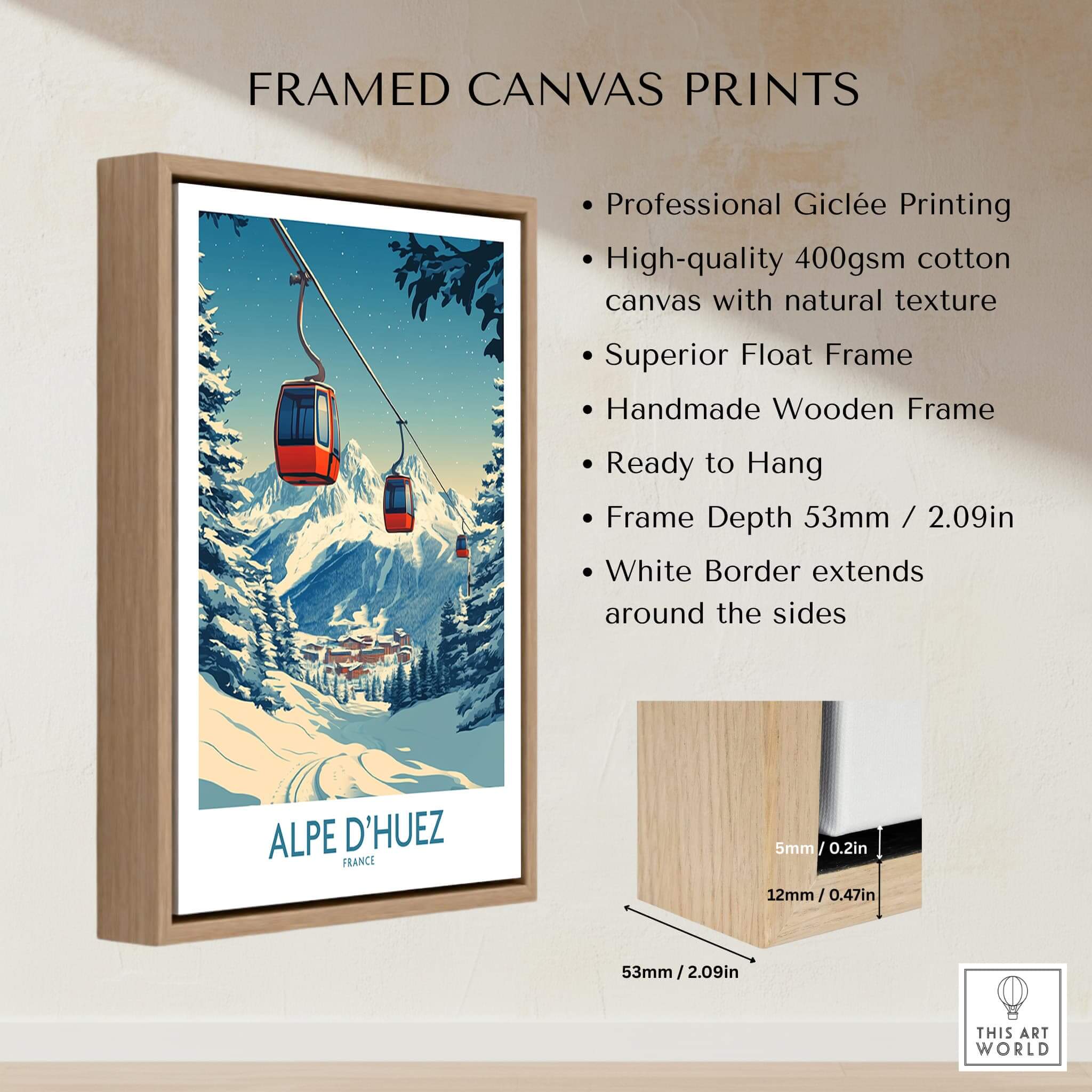 Framed Alpe d'Huez Poster France in wooden frame showcasing scenic mountain views and ski lifts.