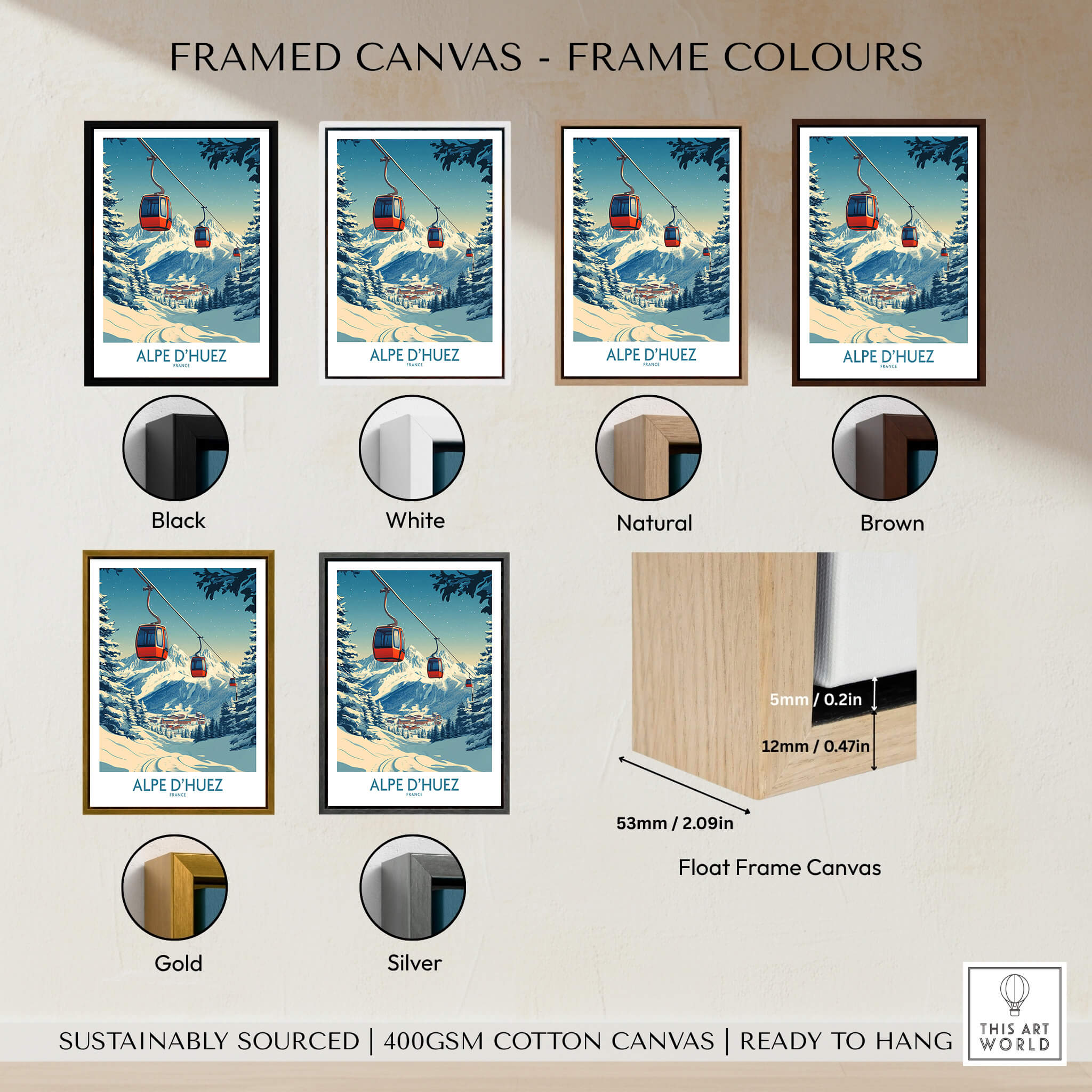Alpe d'Huez Poster France framed canvas in various colors including black, white, natural, brown, gold, and silver.
