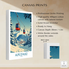 Alpe d'Huez Poster France displayed as a high-quality canvas print with vibrant colors and stunning mountain scenery.