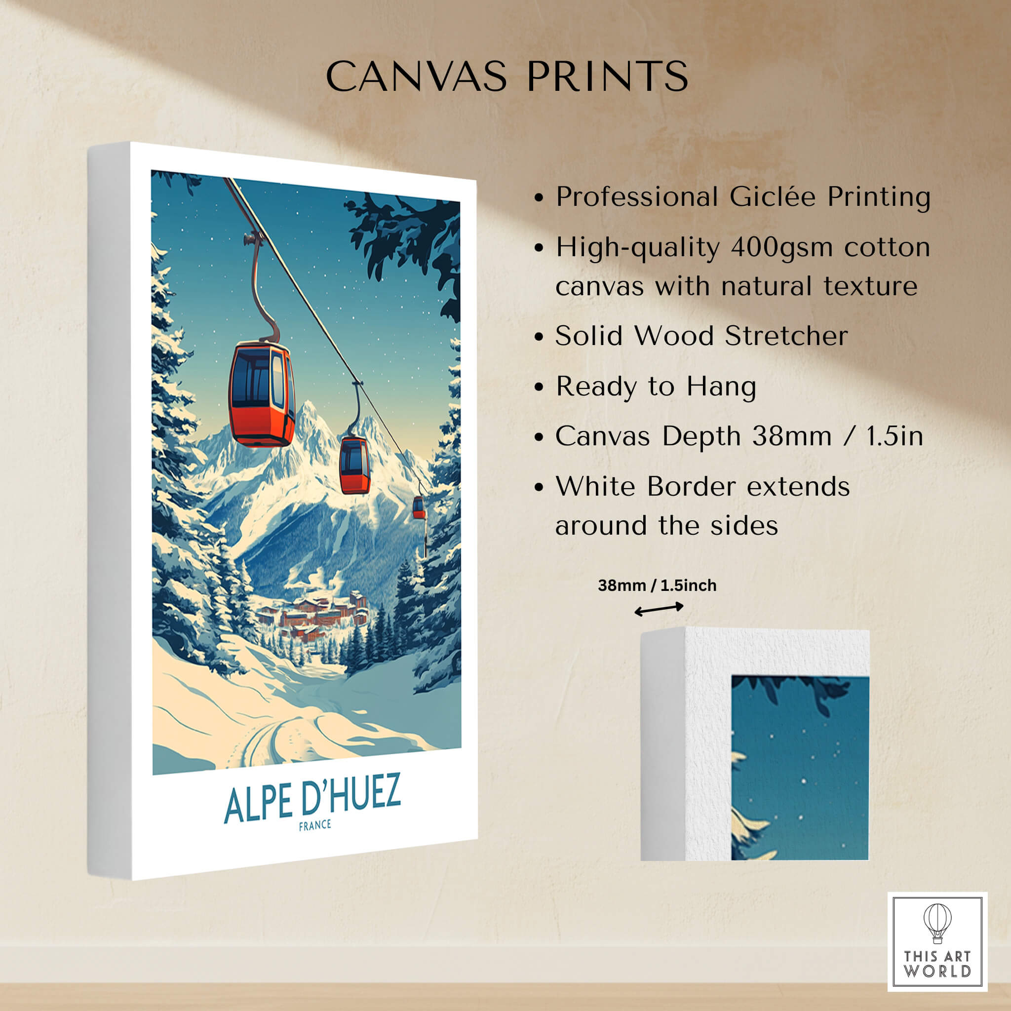 Alpe d'Huez Poster France displayed as a high-quality canvas print with vibrant colors and stunning mountain scenery.