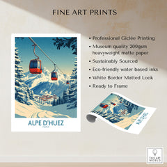 Alpe d'Huez Poster France featuring cable cars and snowy mountains, perfect for decor and inspiration.