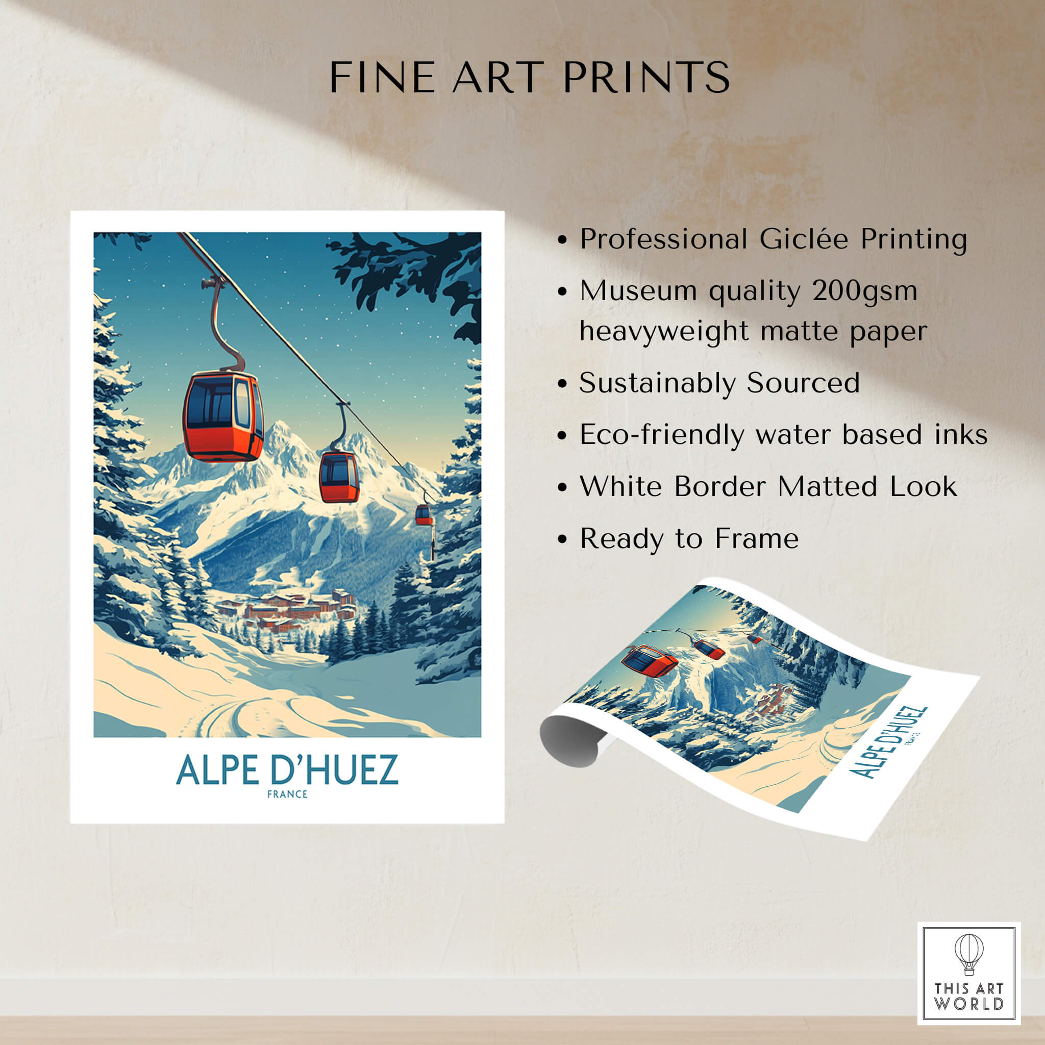 Alpe d'Huez Poster France featuring cable cars and snowy mountains, perfect for decor and inspiration.