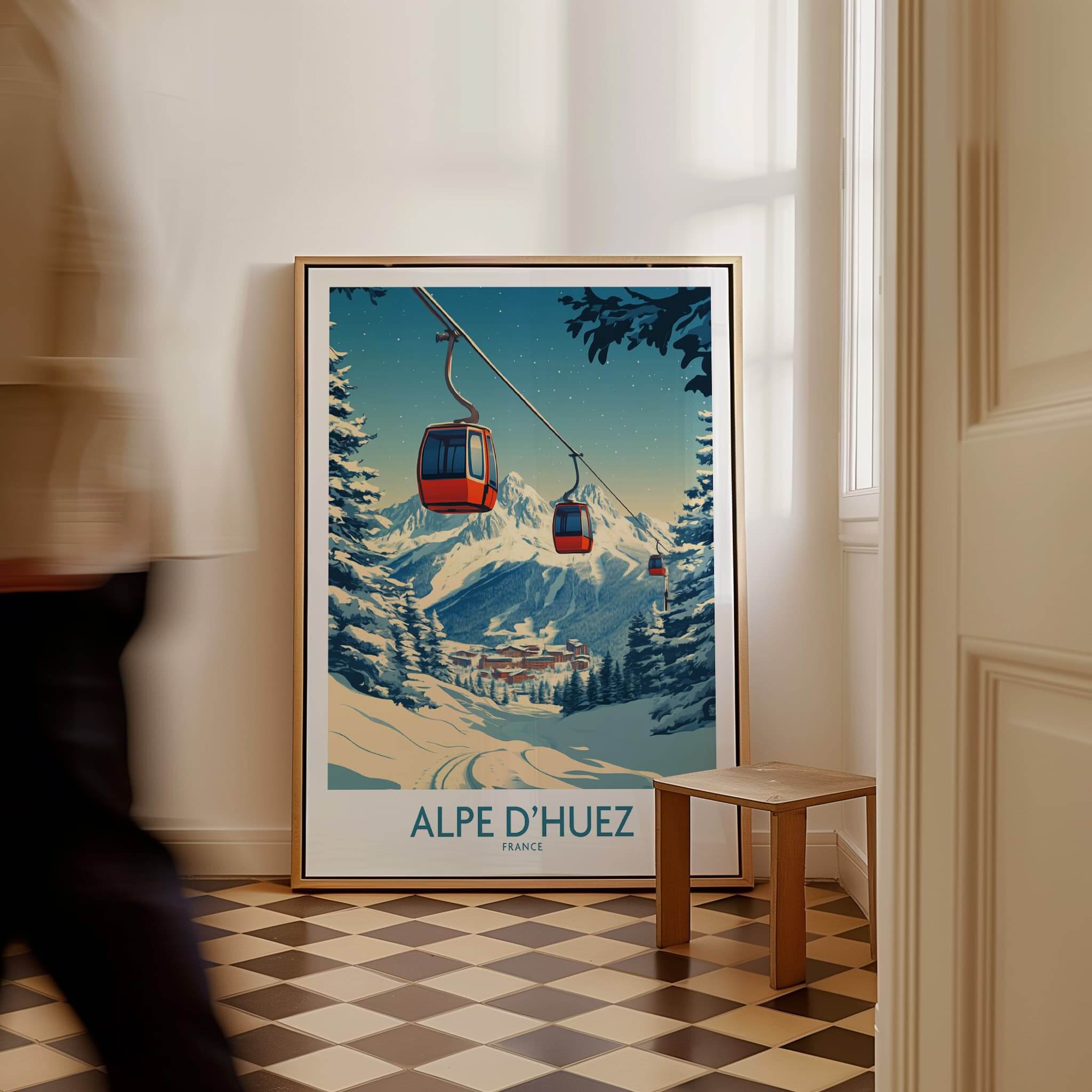 Alpe d'Huez Poster France showcasing a ski gondola in a scenic mountain landscape, perfect for home decor.