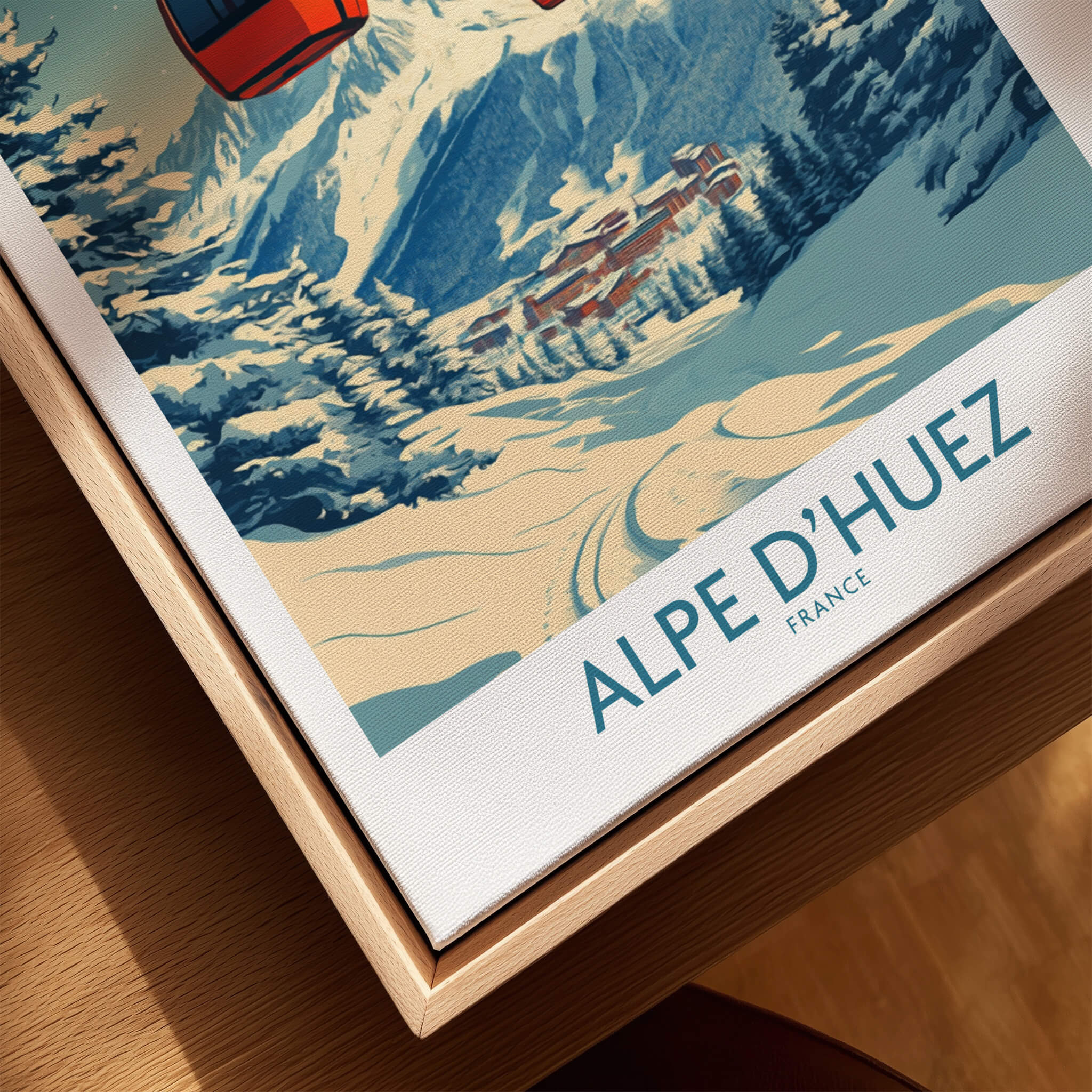 Alpe d'Huez Poster France showcasing a snow-covered landscape and cable car in vibrant colors.