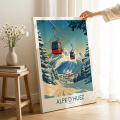 Alpe d'Huez Poster France showcasing a cable car amidst stunning mountain views and vibrant colors.