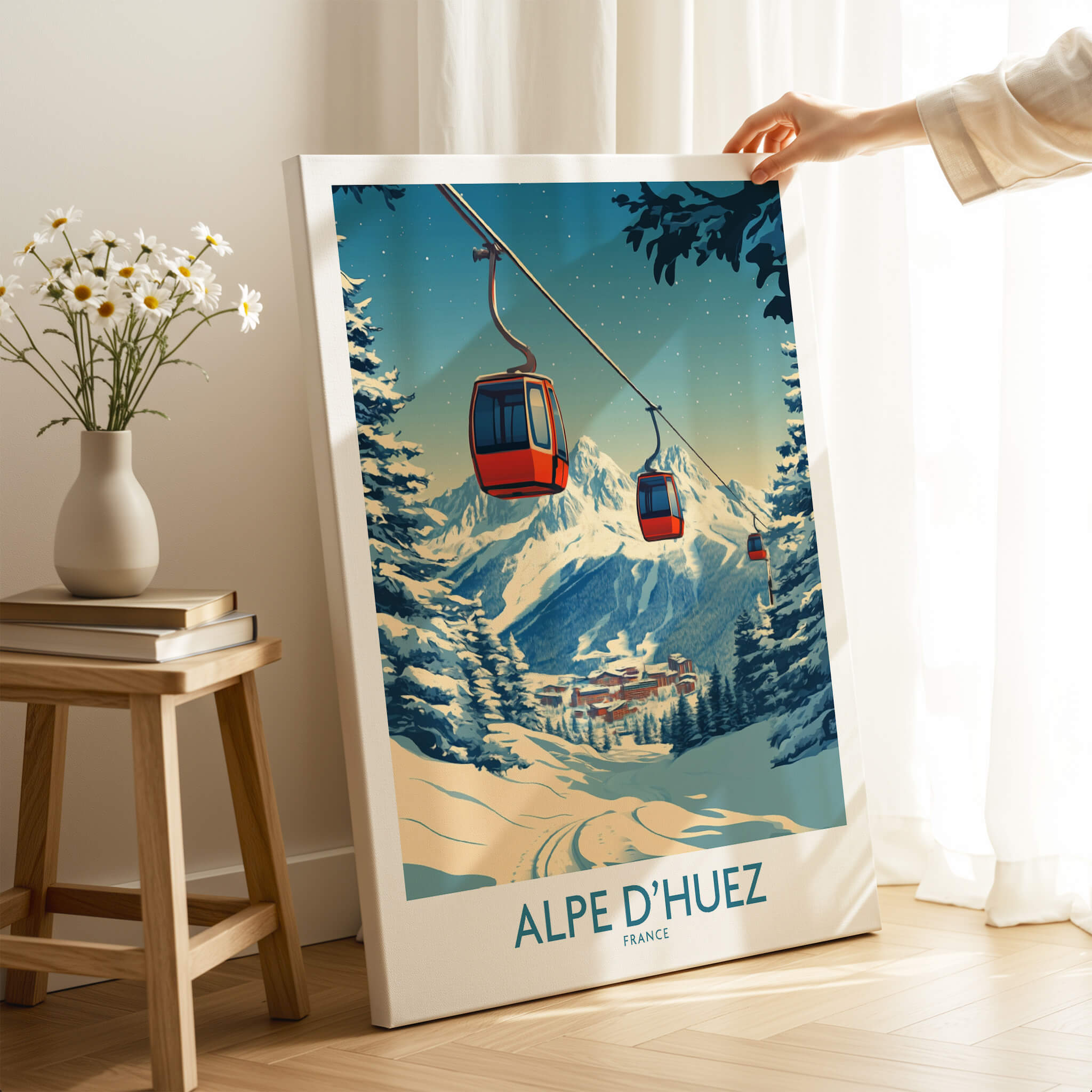 Alpe d'Huez Poster France showcasing a cable car amidst stunning mountain views and vibrant colors.
