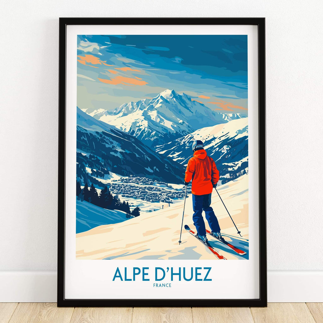 Alpe d'Huez Wall Art Ski Poster featuring a skier overlooking stunning snow-capped mountains in the French Alps.
