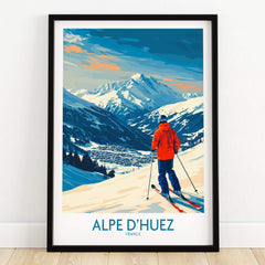 Alpe d'Huez Wall Art Ski Poster featuring a skier overlooking stunning snow-capped mountains in the French Alps.