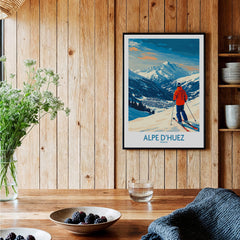 Alpe d'Huez Wall Art Ski Poster showcasing a skier against the stunning French Alps backdrop.