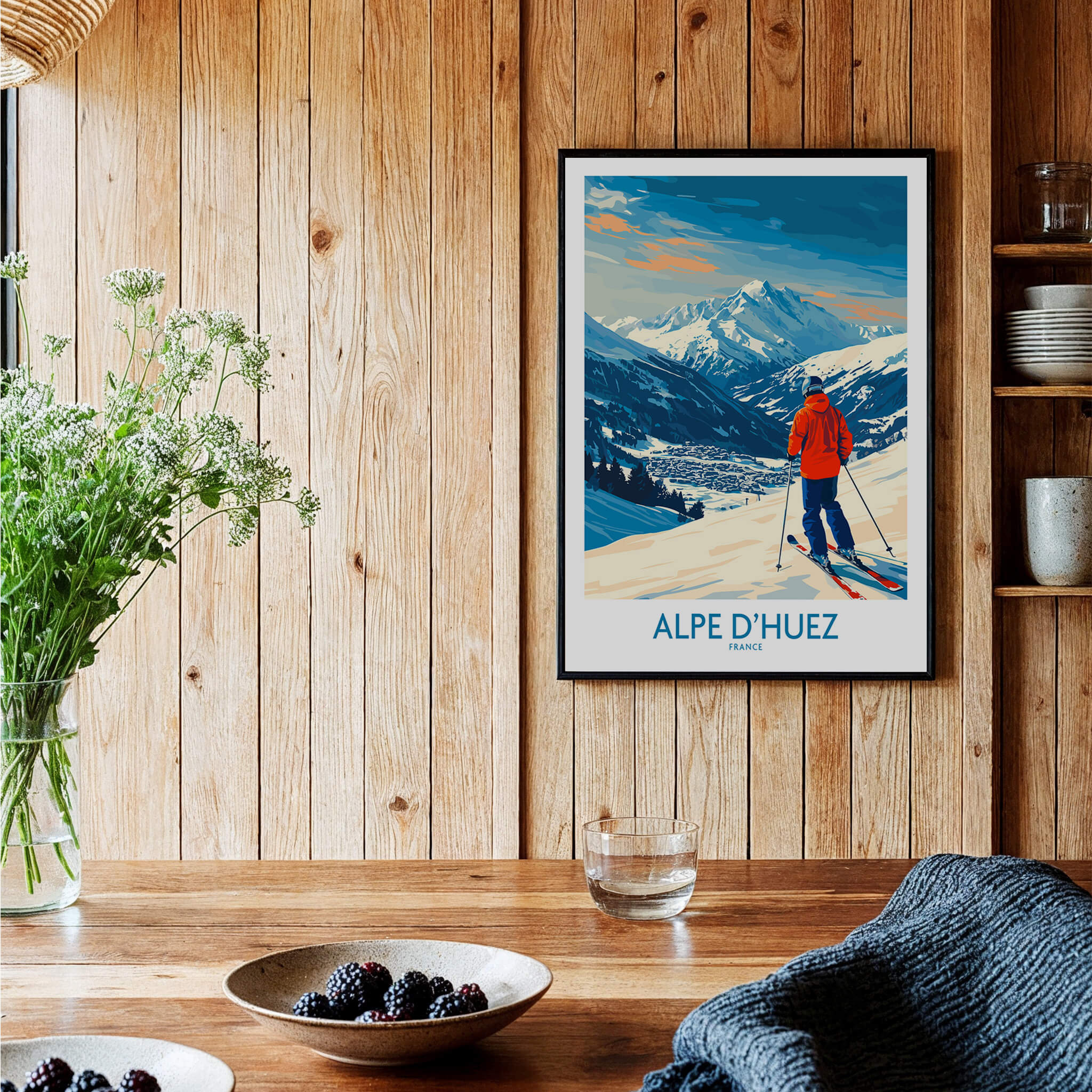 Alpe d'Huez Wall Art Ski Poster showcasing a skier against the stunning French Alps backdrop.