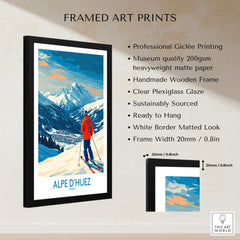 Alpe d'Huez Wall Art Ski Poster featuring professional Giclée printing and a vibrant ski scene in the French Alps.