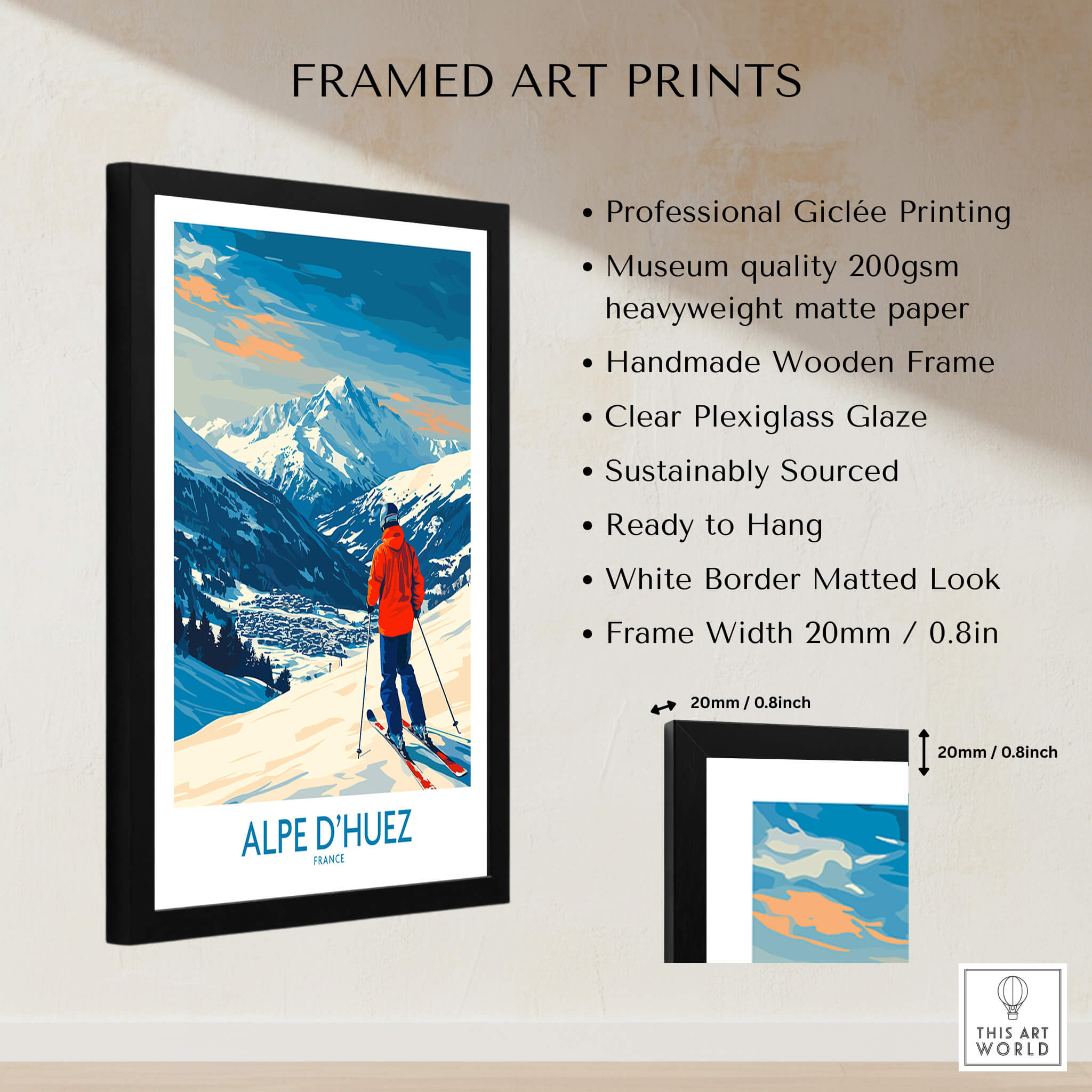 Alpe d'Huez Wall Art Ski Poster featuring professional Giclée printing and a vibrant ski scene in the French Alps.