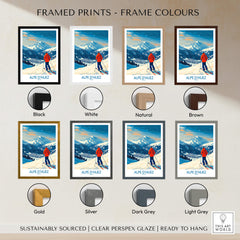 Alpe d'Huez Wall Art Ski Poster framed options in various colors including Black, White, Natural, Brown, Gold, Silver, Dark Grey, Light Grey.