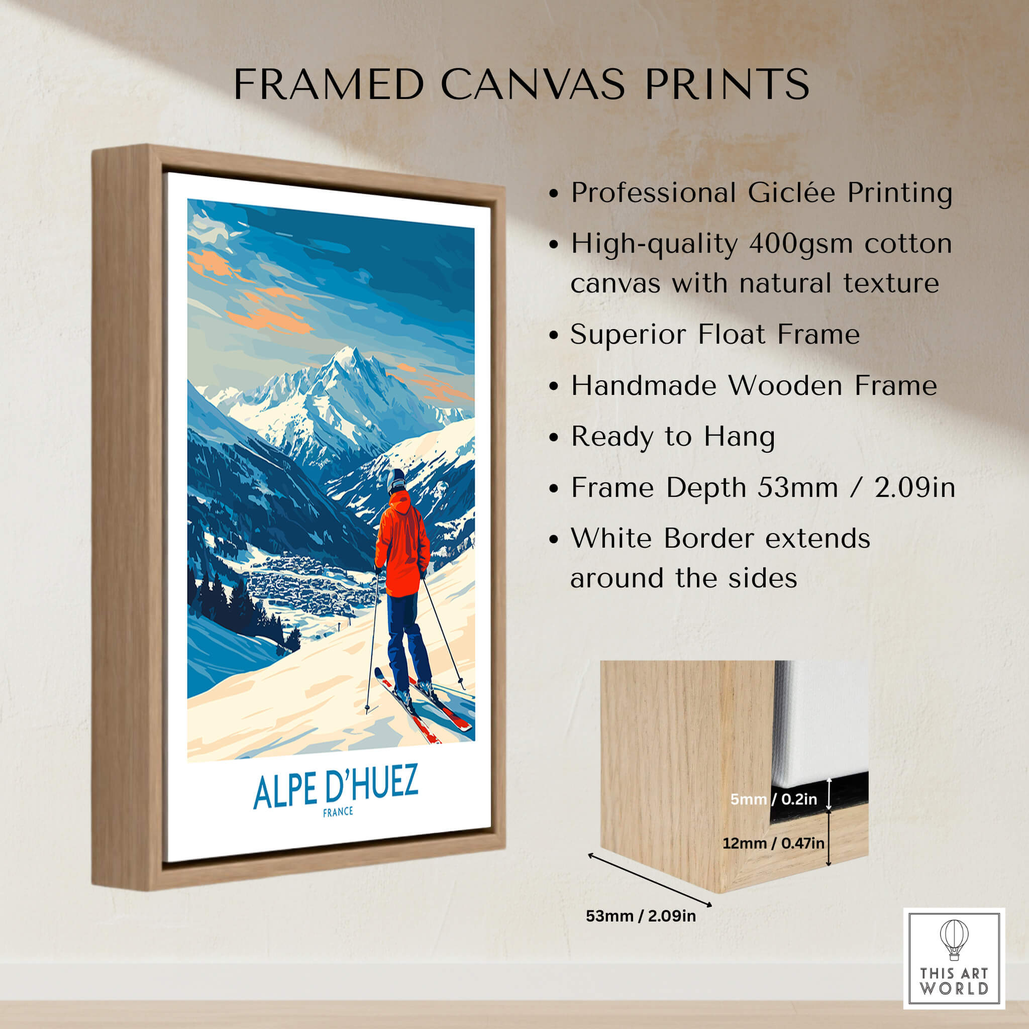 Alpe d'Huez Wall Art Ski Poster showcasing professional Giclée printing and wooden frame design.
