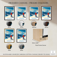 Alpe d'Huez Wall Art Ski Poster framed canvas colors including black, white, natural, brown, gold, and silver.