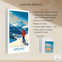 Alpe d'Huez Wall Art Ski Poster featuring a skier in the French Alps on high-quality canvas.