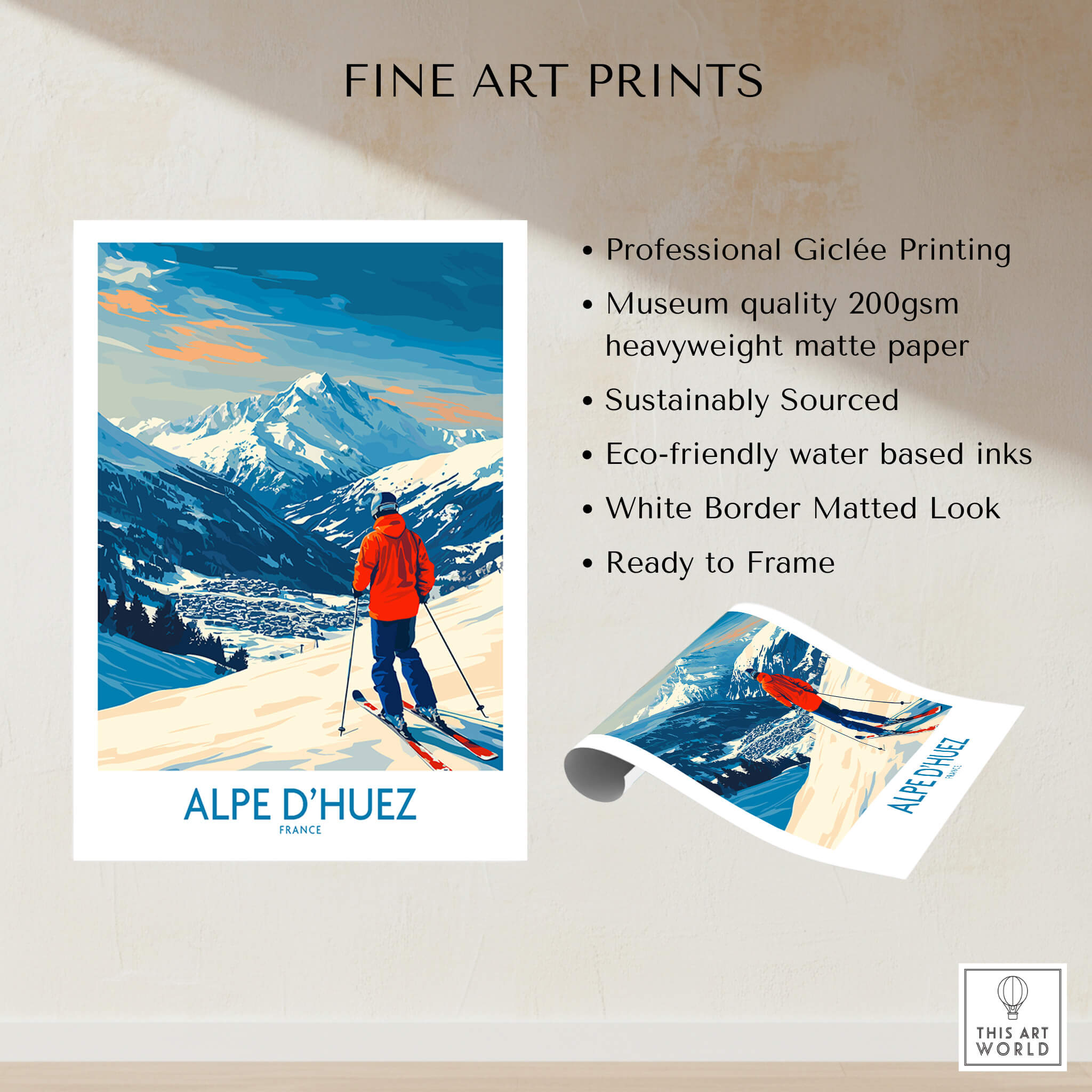 Alpe d'Huez Wall Art Ski Poster showcasing skiing in the French Alps, featuring vibrant colors and professional quality.