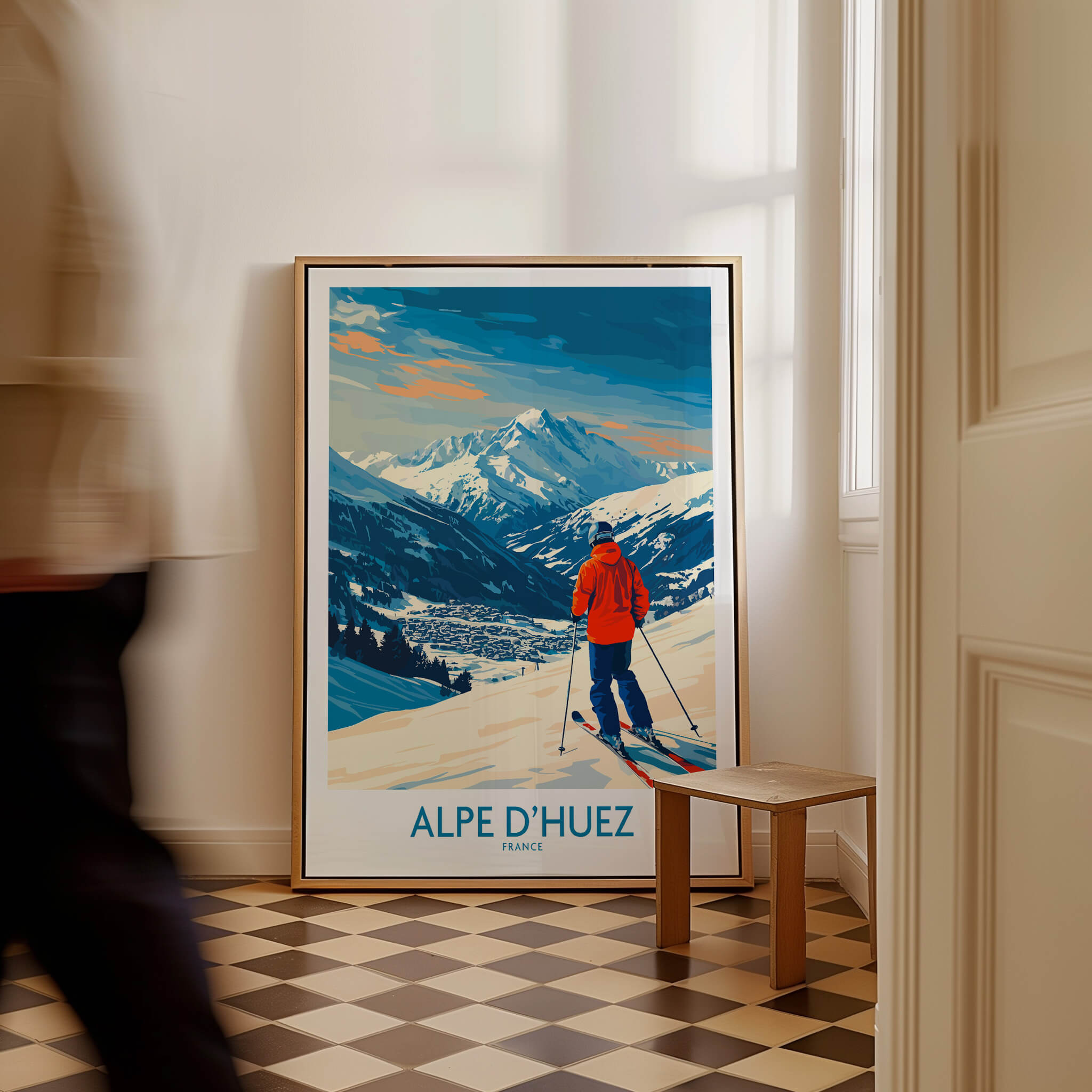 Alpe d'Huez Wall Art Ski Poster showcasing stunning ski scenery in the French Alps, perfect for home decor.