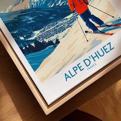 Alpe d'Huez Wall Art Ski Poster showcasing a skier amid a vibrant French Alps backdrop.