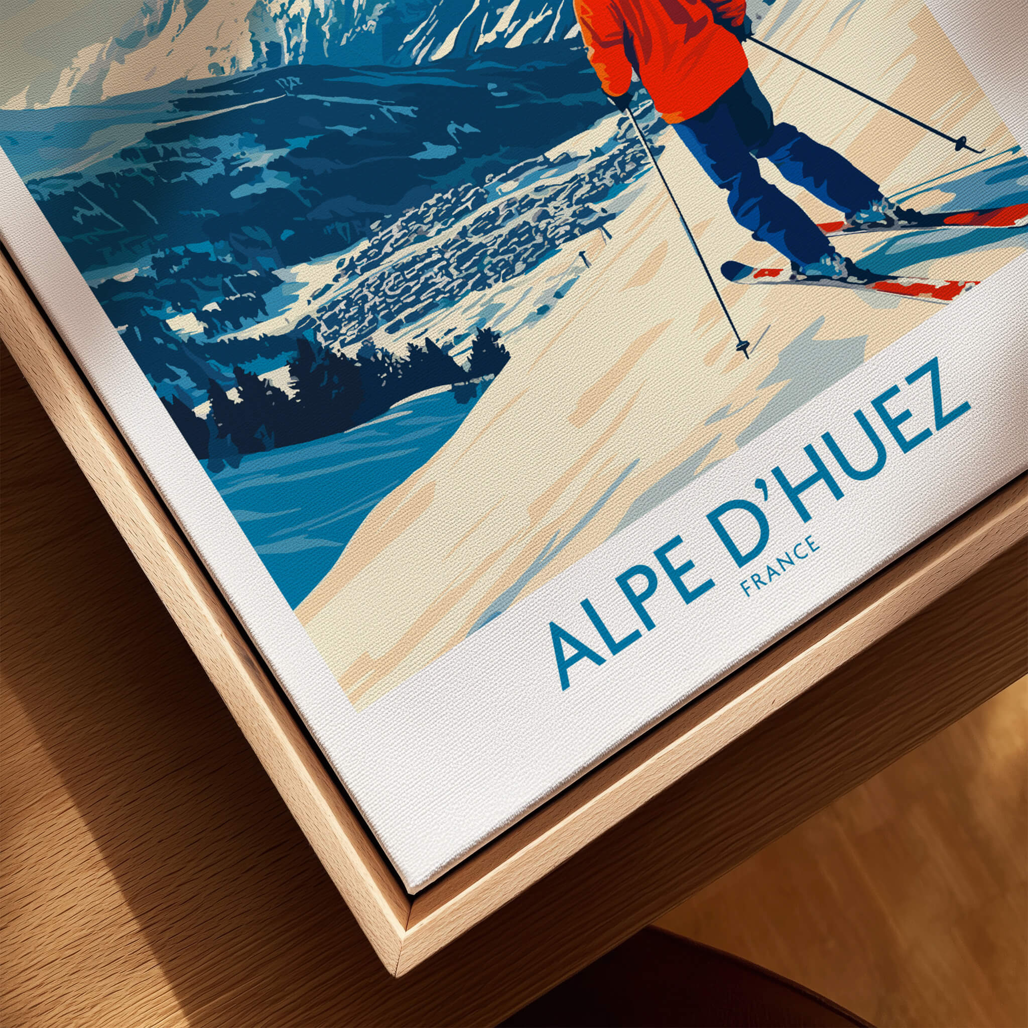 Alpe d'Huez Wall Art Ski Poster showcasing a skier amid a vibrant French Alps backdrop.