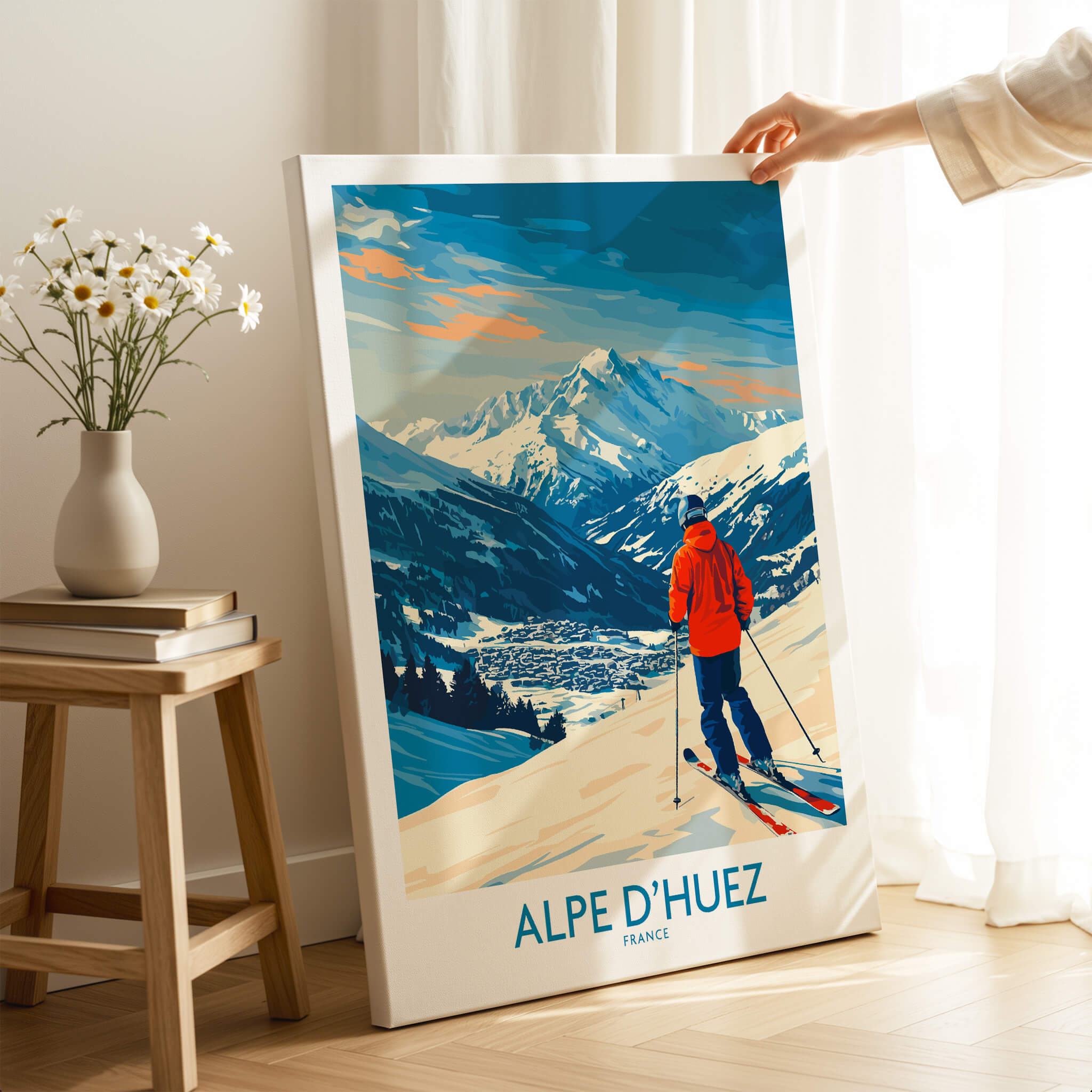 Alpe d'Huez Wall Art Ski Poster featuring a skier overlooking the French Alps landscape.